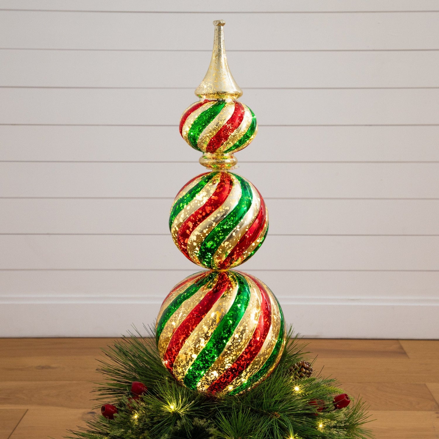 3’ Pre-Lit Artificial Christmas Finial Ornament and Mixed Pine Topiary Tree with Berries & Pinecones and 70 LED Lights in Decorative Urn