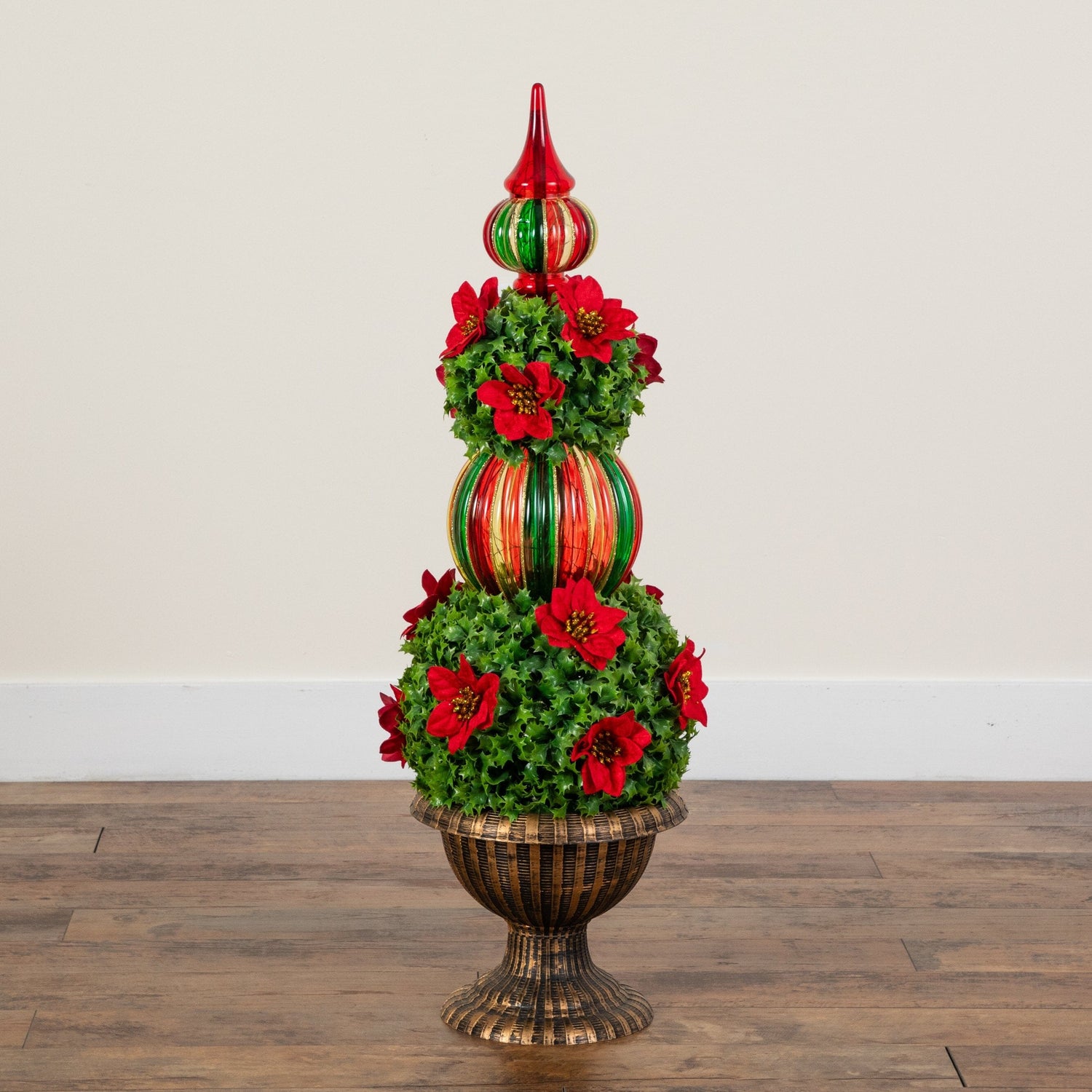 3’ Pre-Lit Artificial Christmas Ornament Holly Berry Topiary Tree with Poinsettias and 70 LED Lights in Decorative Urn