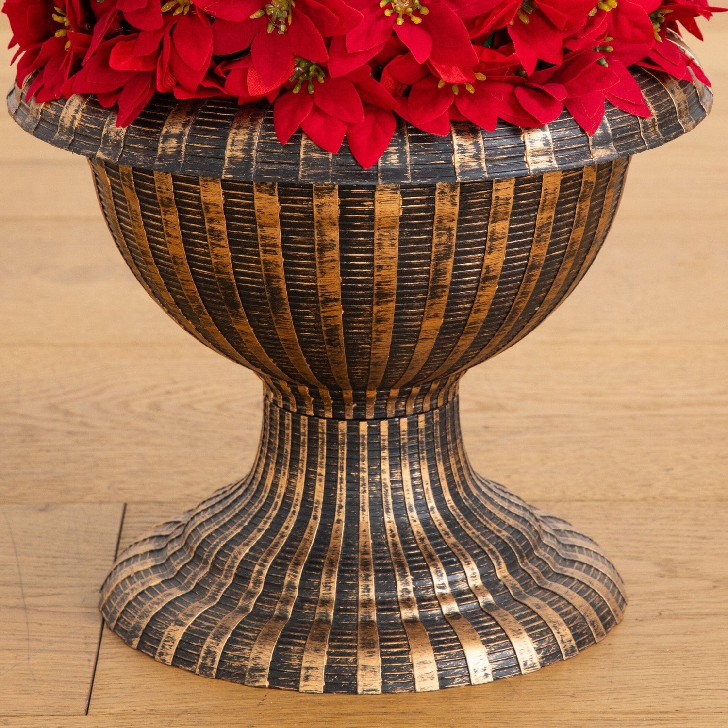 3’ Pre-Lit Artificial Christmas Poinsettia Topiary Tree with Finial Ornament and 70 LED Lights in Decorative Urn
