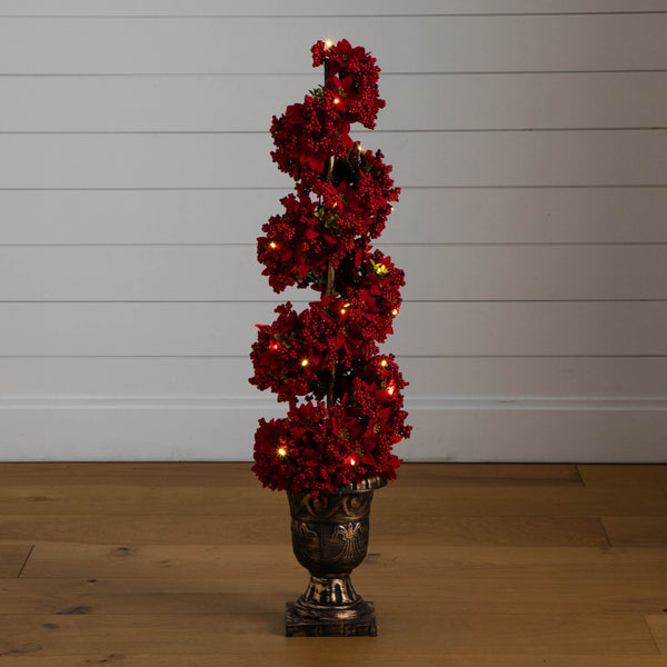 3' Pre-Lit Artificial Christmas Poinsettias and Berries Spiral Topiary Tree with 30 Warm White LED Lights