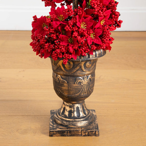 3' Pre-Lit Artificial Christmas Poinsettias and Berries Spiral Topiary Tree with 30 Warm White LED Lights