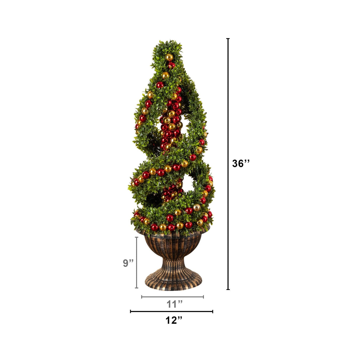 3' Pre-Lit Artificial Christmas Spiral Boxwood Topiary Tree with Ornaments and 70 LED Lights in Decorative Urn