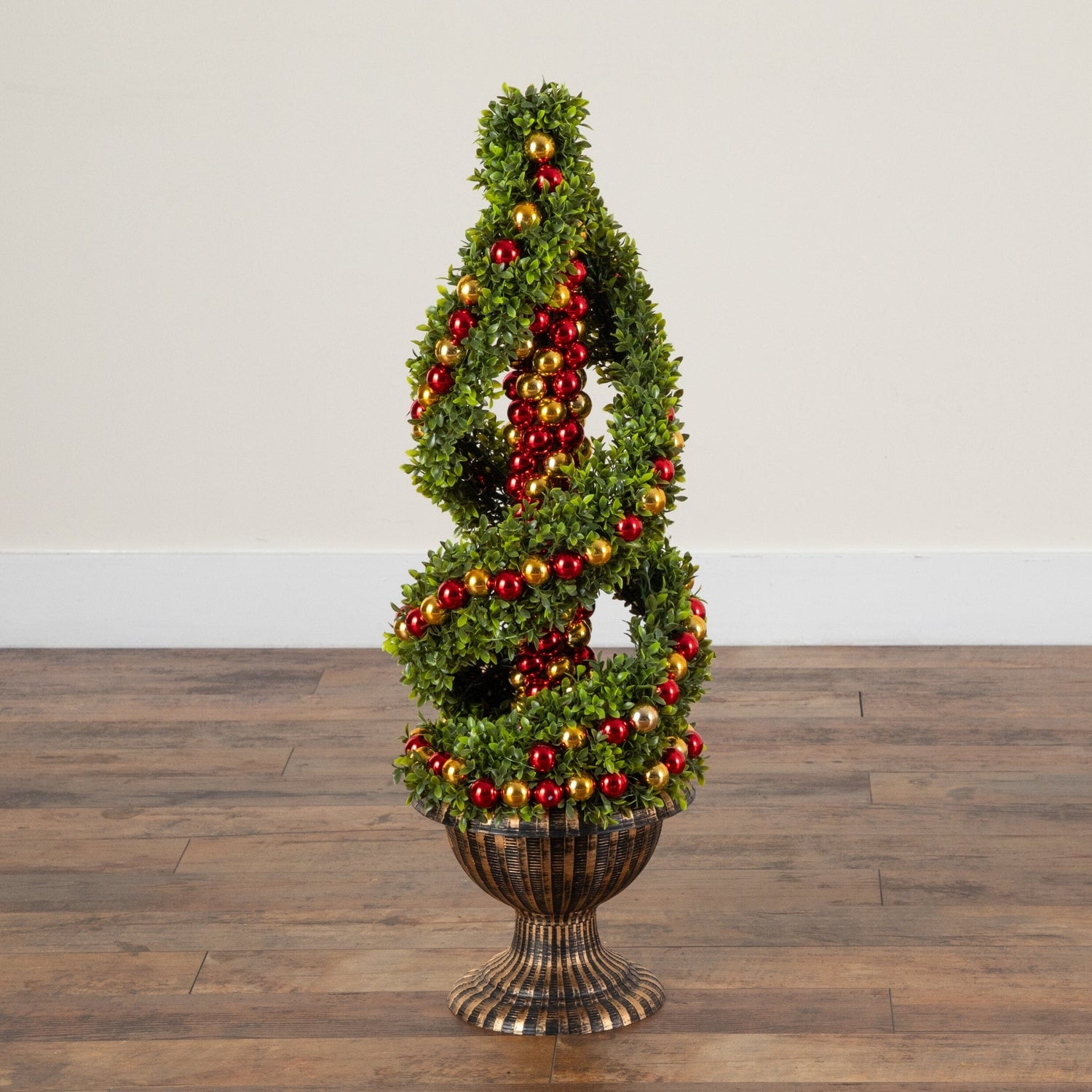 3' Pre-Lit Artificial Christmas Spiral Boxwood Topiary Tree with Ornaments and 70 LED Lights in Decorative Urn