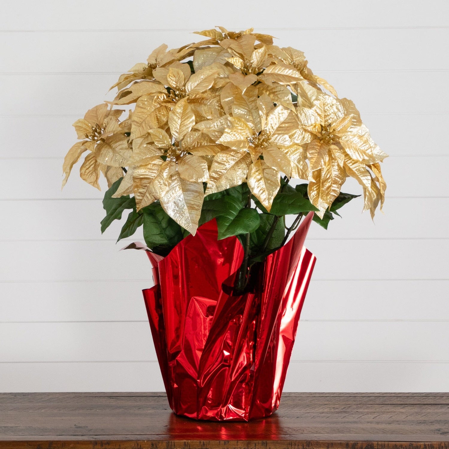 30” Artificial Grand Gold Velvet Poinsettia Arrangement in Red Wrapped Planter