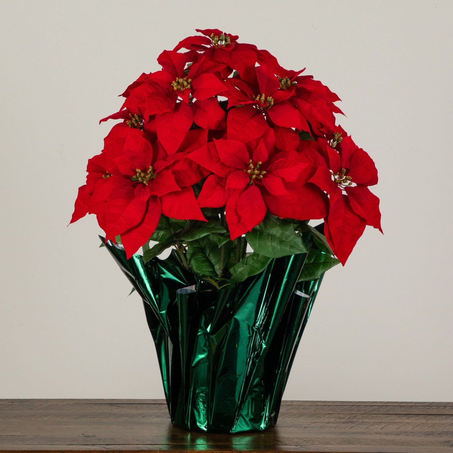 30” Artificial Grand Red Velvet Poinsettia Arrangement in Green Wrapped Planter
