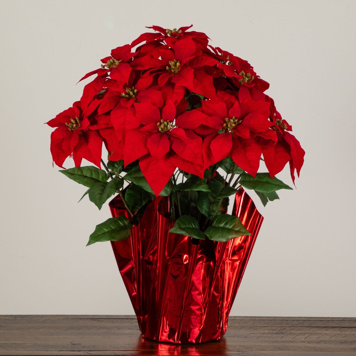 30” Artificial Grand Red Velvet Poinsettia Arrangement in Red Wrapped Planter