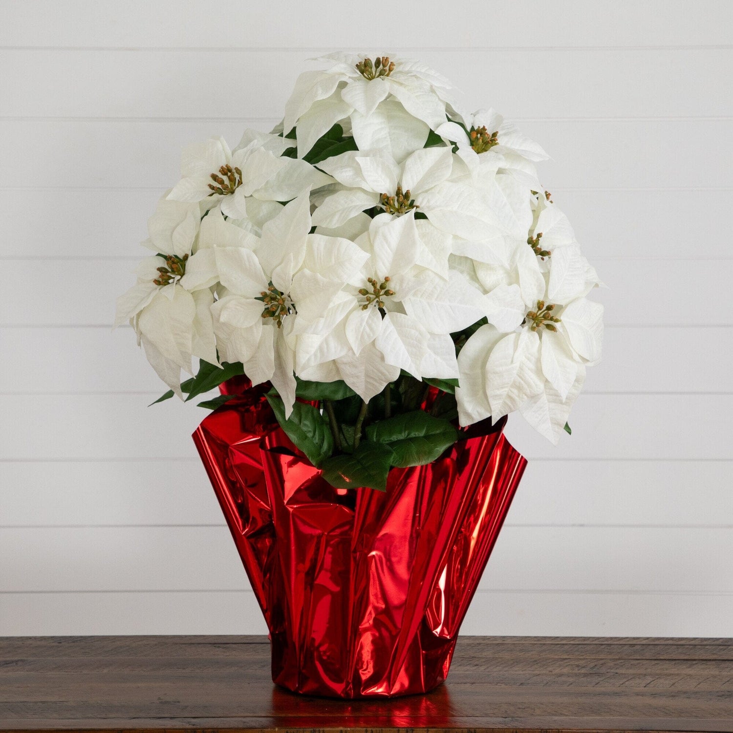 30” Artificial Grand White Velvet Poinsettia Arrangement in Red Wrapped Planter
