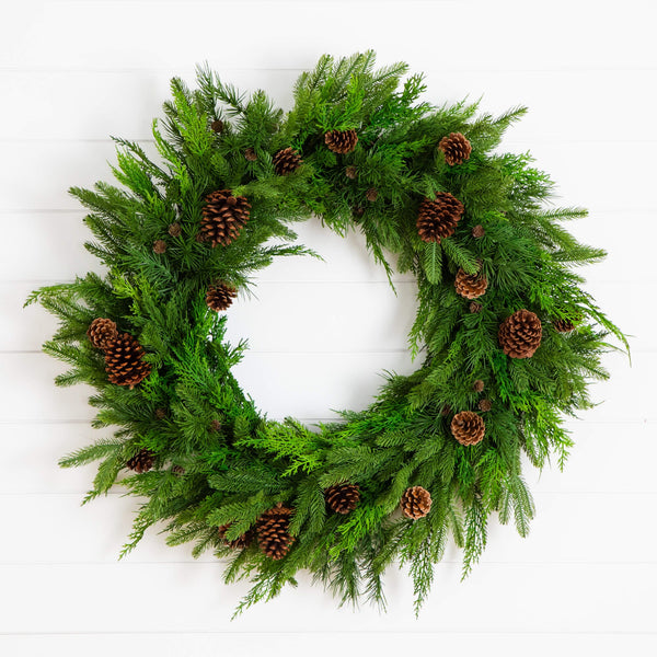 30" Artificial Norfolk Mixed Pine Wreath with Pinecones