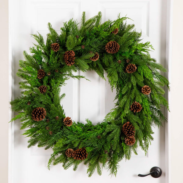 30" Artificial Norfolk Mixed Pine Wreath with Pinecones