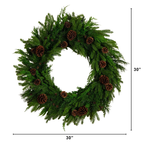 30" Artificial Norfolk Mixed Pine Wreath with Pinecones