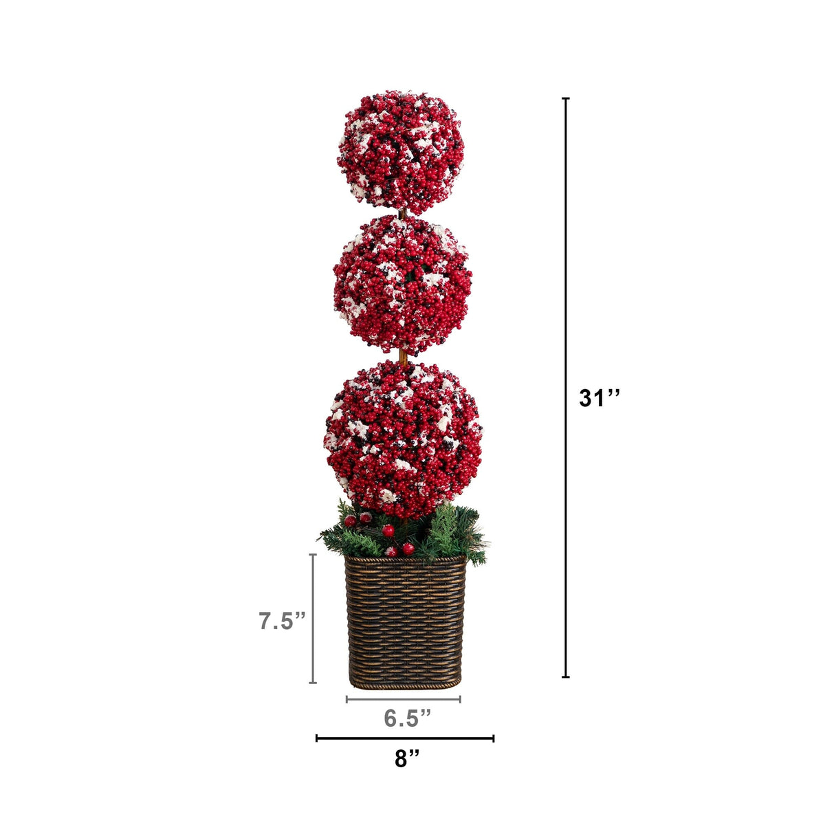 31” Artificial Christmas Snowed Holly Berry Triple Ball Topiary Tree with 45 LED Lights in Decorative Planter
