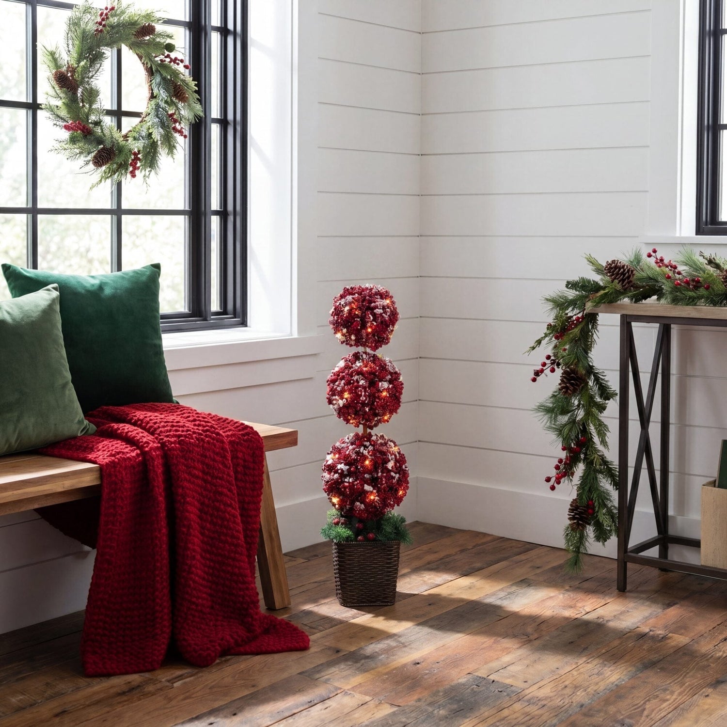 31” Artificial Christmas Snowed Holly Berry Triple Ball Topiary Tree with 45 LED Lights in Decorative Planter
