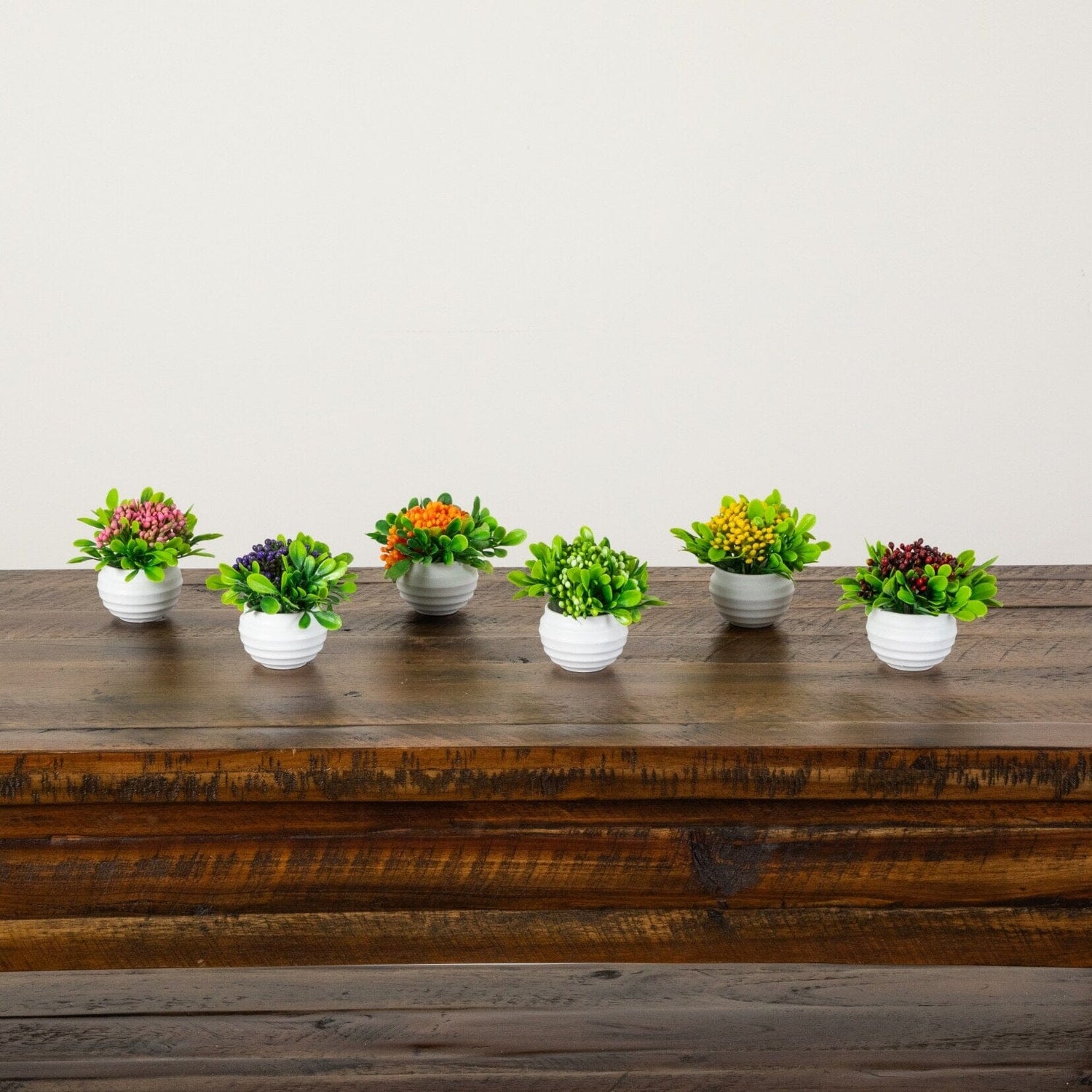 3.5” Artificial Mini Flowering Arrangement in White Decorative Oval Planter - Set of 6