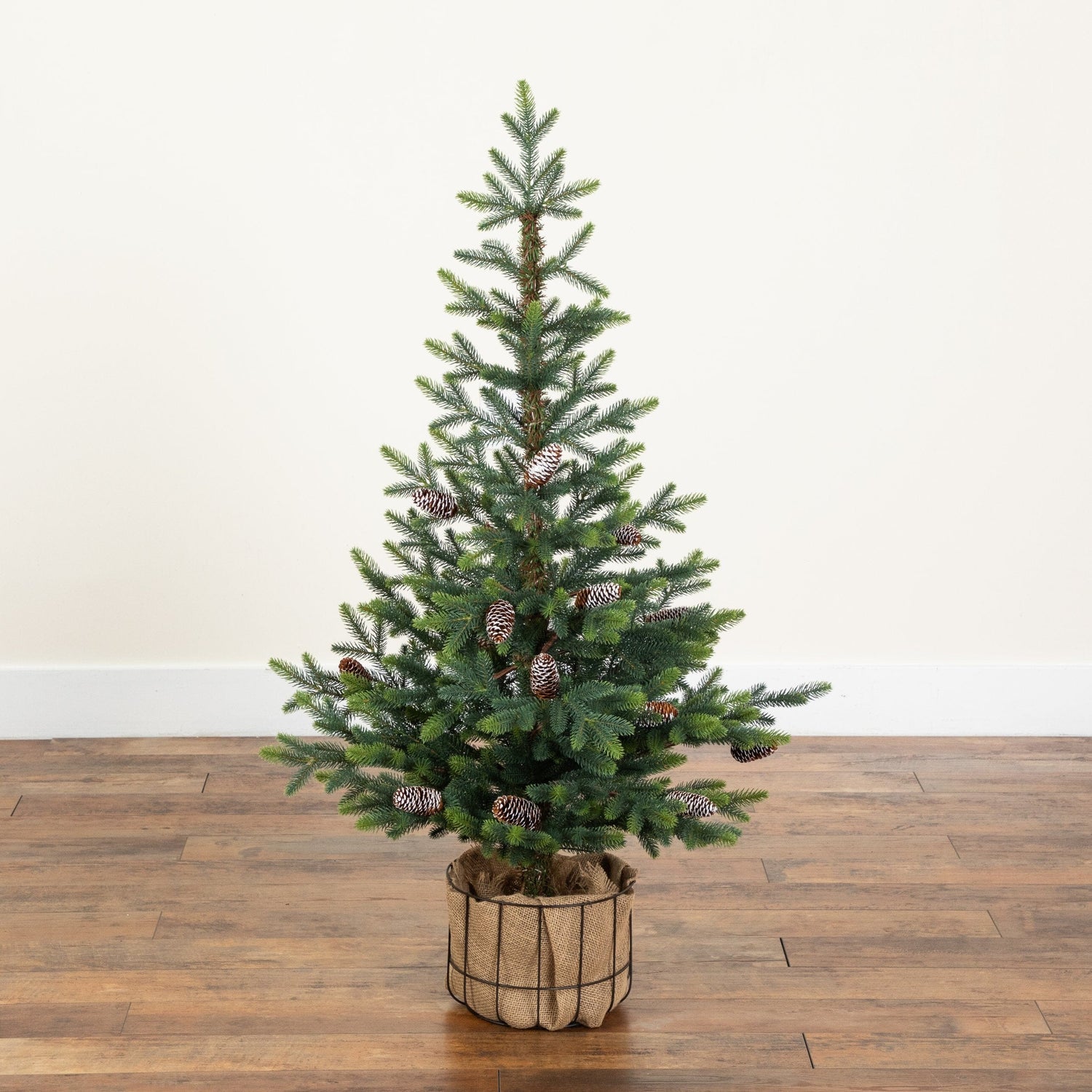 4' Artificial Balsam Fir Christmas Tree with Pine Cones in Jute Wire Planter