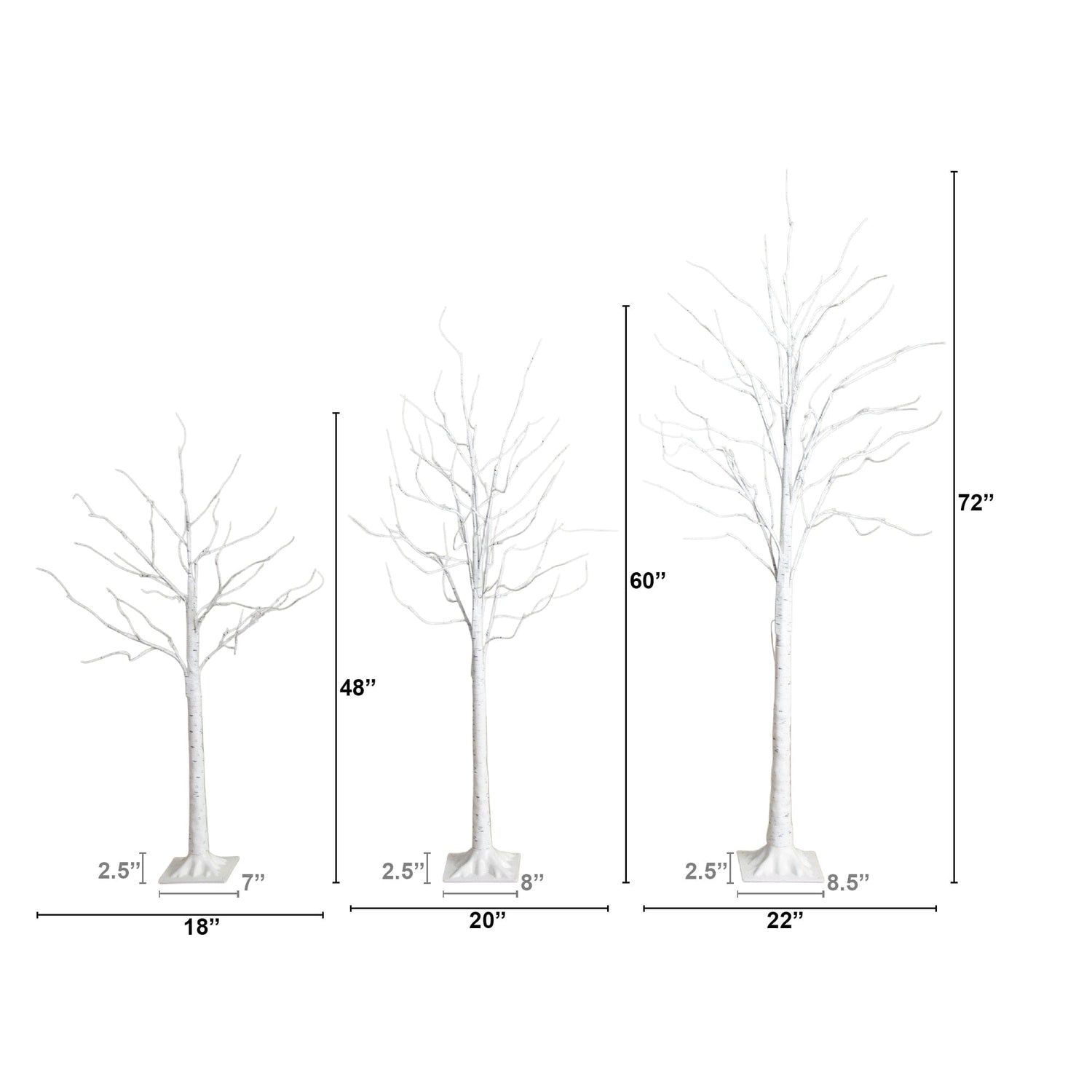 4' 5' 6' Pre-Lit Artificial  White Birch Trees - Set of 3