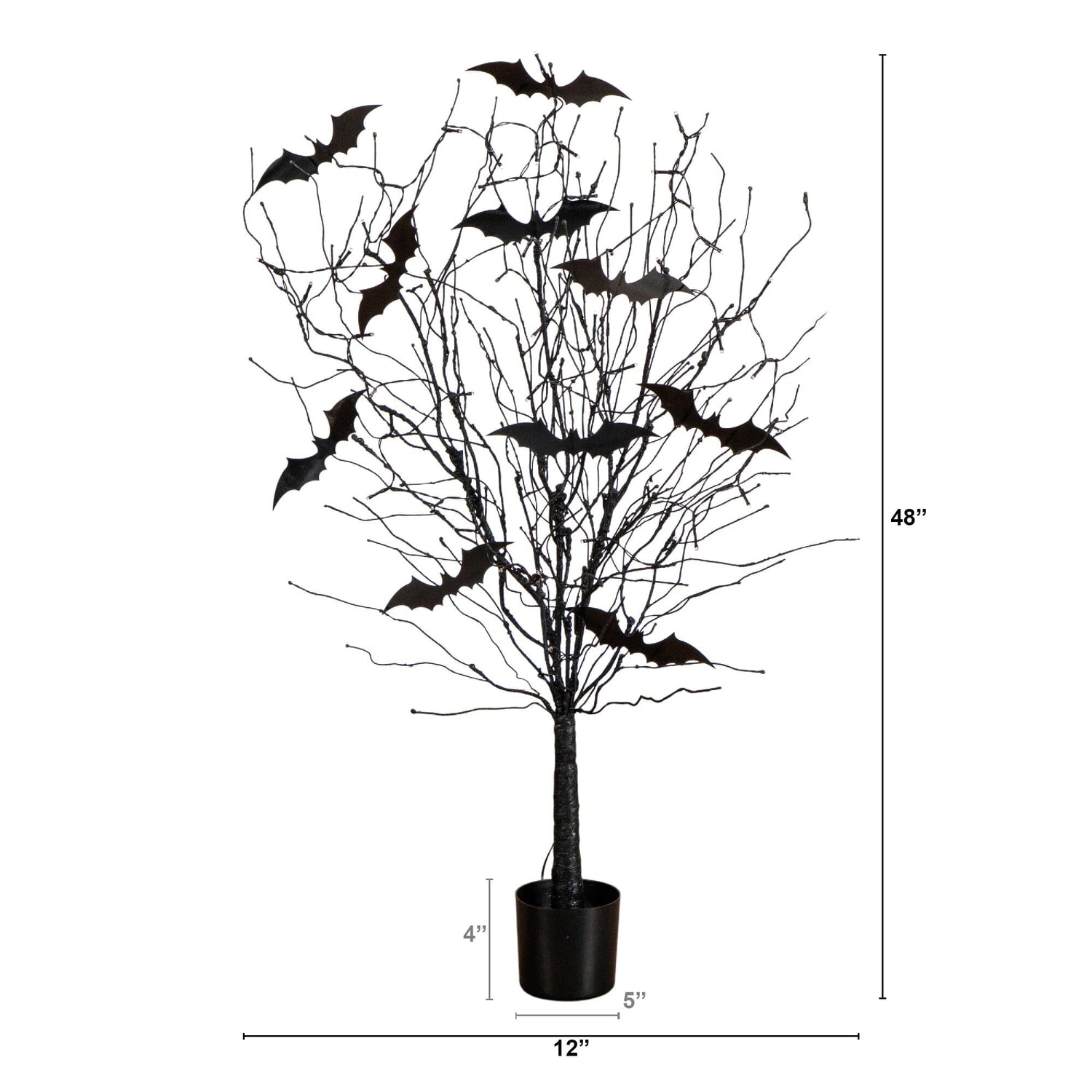 4' Pre-Lit Artificial Halloween Black Twig Tree with Bats and 50 Orange LED Lights