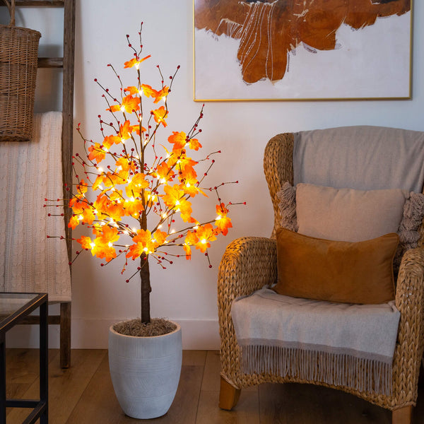 4' Pre-Lit Autumn Maple Artificial Fall Tree with Berries and 60 Warm White LED Lights