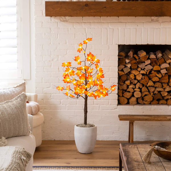4' Pre-Lit Minimalist Autumn Maple Artificial Fall Tree with 56 LED Warm White & Orange Pumpkin Shaped Lights