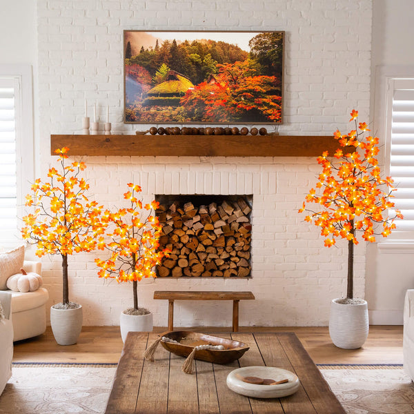 4' Pre-Lit Minimalist Autumn Maple Artificial Fall Tree with 56 LED Warm White & Orange Pumpkin Shaped Lights