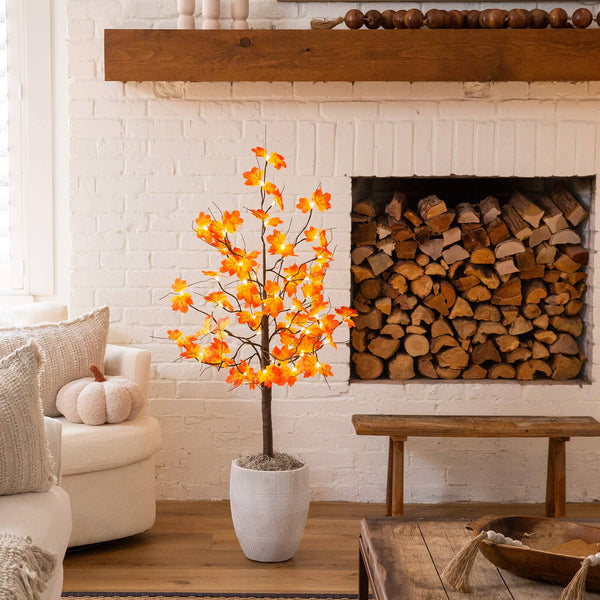 4' Pre-Lit Minimalist Autumn Maple Artificial Fall Tree with 56 Warm White LED Lights