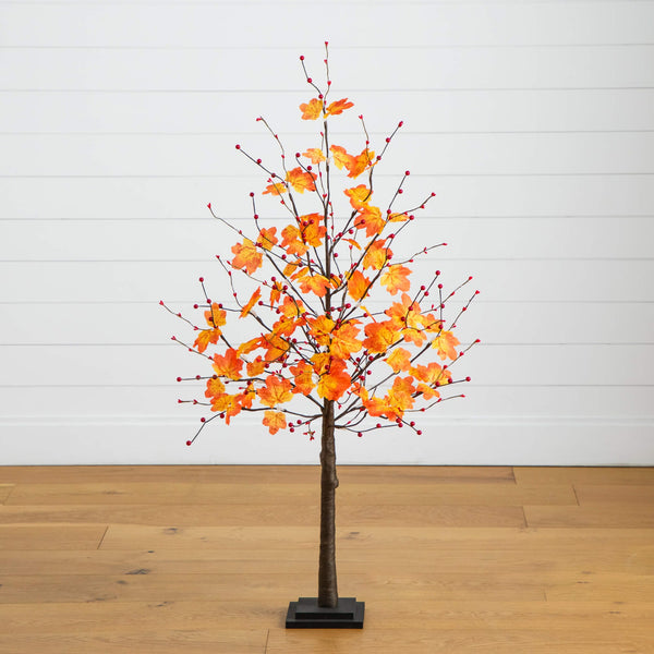 4' Pre-Lit Autumn Maple Artificial Fall Tree with Berries and 60 Warm White LED Lights
