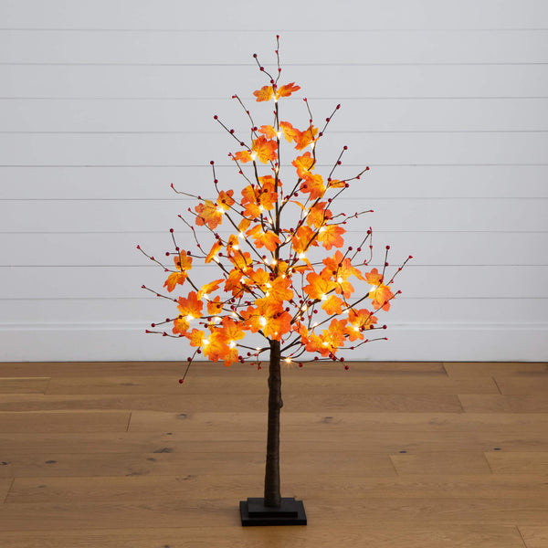 4' Pre-Lit Autumn Maple Artificial Fall Tree with Berries and 60 Warm White LED Lights