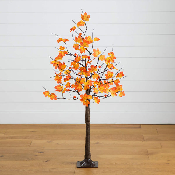 4' Pre-Lit Minimalist Autumn Maple Artificial Fall Tree with 56 LED Warm White & Orange Pumpkin Shaped Lights