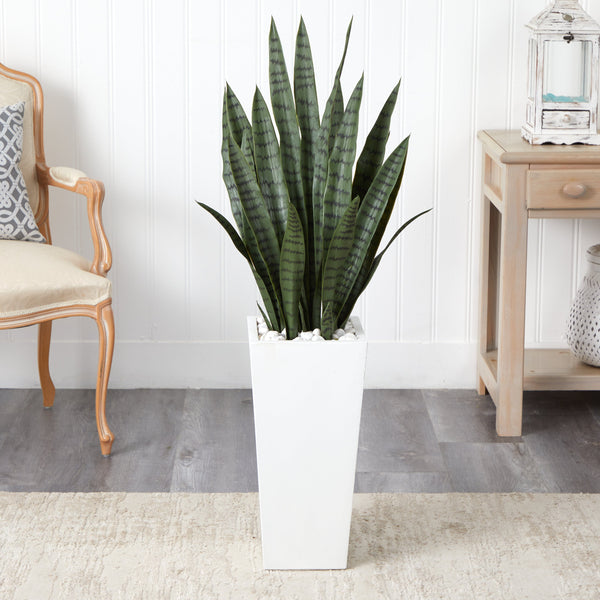 4’ Sansevieria Artificial Plant in White Tower Planter