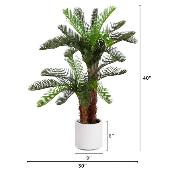 40" UV Resistant Artificial Double Cycas Palm Tree in White Decorative Planter (Indoor/Outdoor)