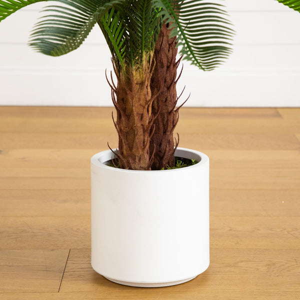 40" UV Resistant Artificial Double Cycas Palm Tree in White Decorative Planter (Indoor/Outdoor)