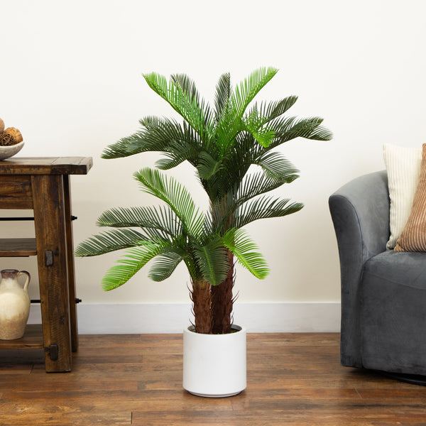 40" UV Resistant Artificial Double Cycas Palm Tree in White Decorative Planter (Indoor/Outdoor)