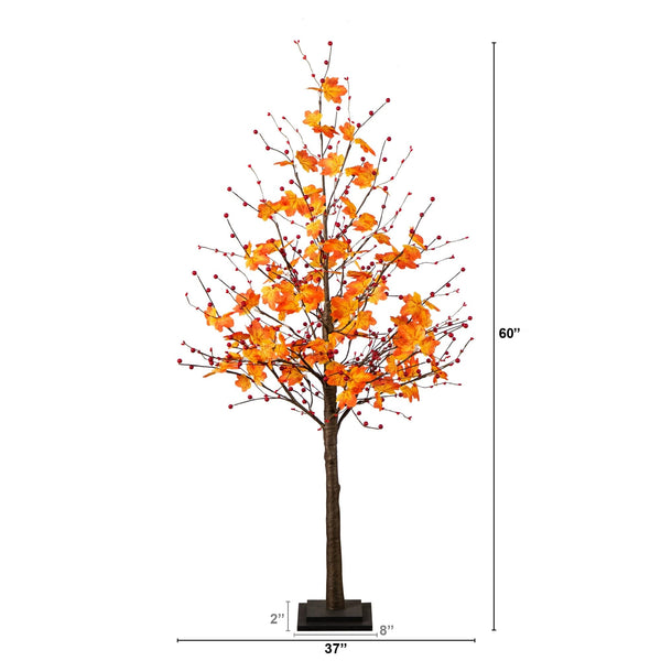 5' Pre-Lit Autumn Maple Artificial Fall Tree with Berries and 96 Warm White LED Lights