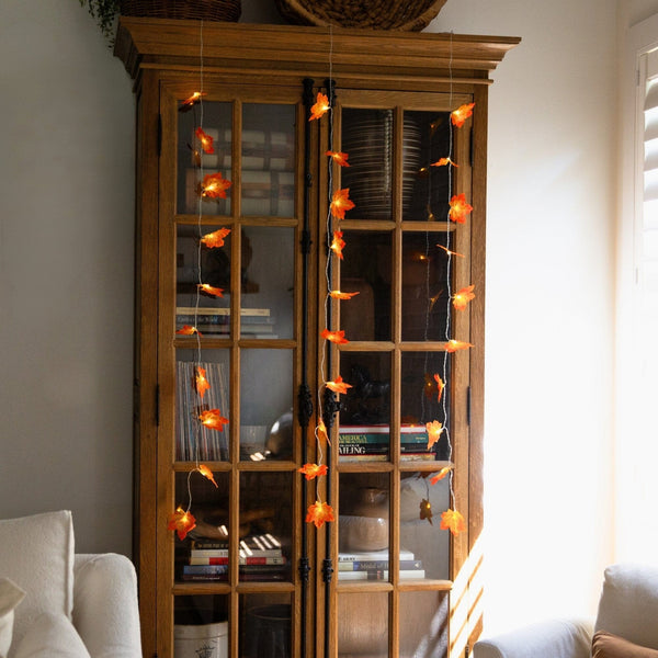 5' Pre-Lit Autumn Maple Leaf Artificial Fall Garland with 10 Warm White LED String Lights - Set of 3