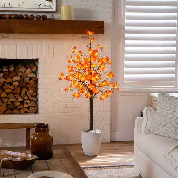 5' Pre-Lit Minimalist Autumn Maple Artificial Fall Tree with 96 LED Warm White & Orange Pumpkin Shaped Lights
