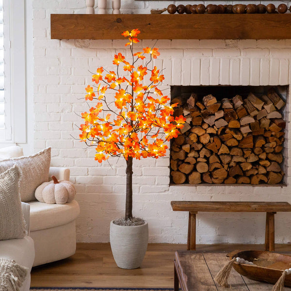 5' Pre-Lit Minimalist Autumn Maple Artificial Fall Tree with 96 Warm White LED Lights