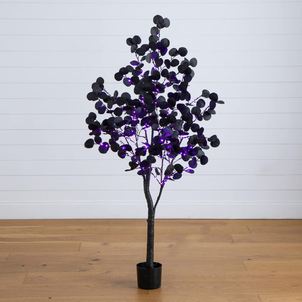 5' Pre-Lit Artificial Halloween Black Eucalyptus Tree with 220 Orange & Purple LED Lights