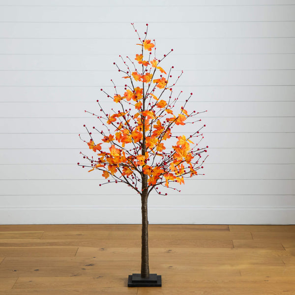 5' Pre-Lit Autumn Maple Artificial Fall Tree with Berries and 96 Warm White LED Lights