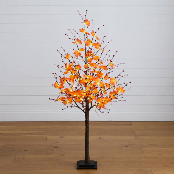 5' Pre-Lit Autumn Maple Artificial Fall Tree with Berries and 96 Warm White LED Lights