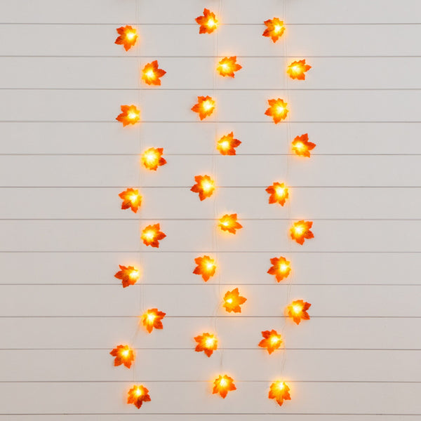5' Pre-Lit Autumn Maple Leaf Artificial Fall Garland with 10 Warm White LED String Lights - Set of 3