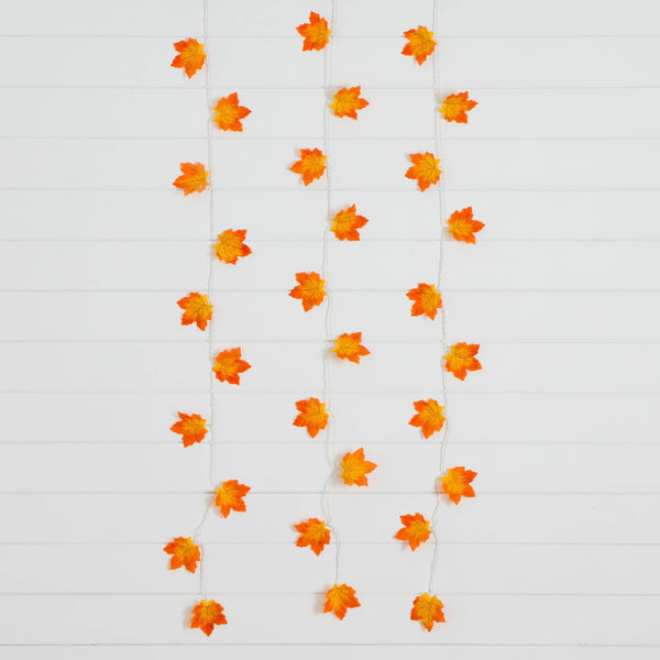 5' Pre-Lit Autumn Maple Leaf Artificial Fall Garland with 10 Warm White LED String Lights - Set of 3