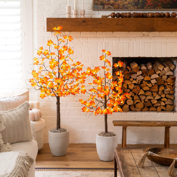 5' Pre-Lit Minimalist Autumn Maple Artificial Fall Tree with 96 LED Warm White & Orange Pumpkin Shaped Lights