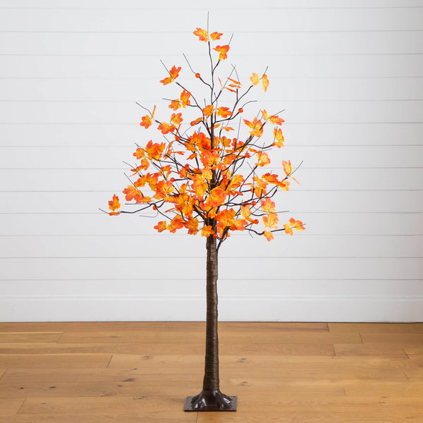 5' Pre-Lit Minimalist Autumn Maple Artificial Fall Tree with 96 LED Warm White & Orange Pumpkin Shaped Lights