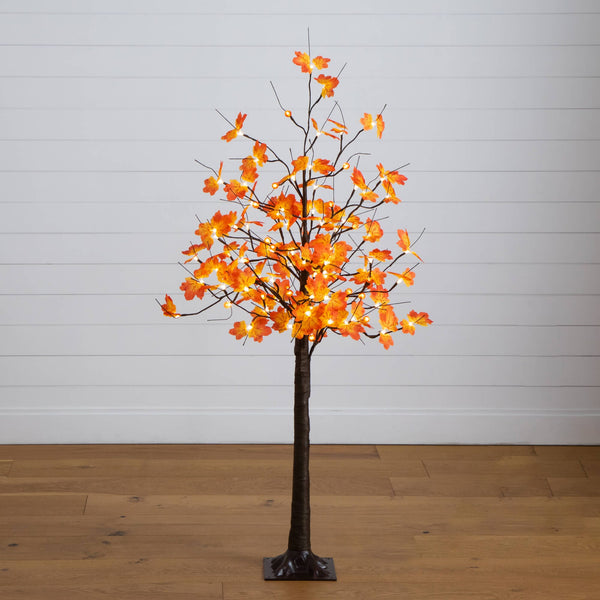5' Pre-Lit Minimalist Autumn Maple Artificial Fall Tree with 96 LED Warm White & Orange Pumpkin Shaped Lights