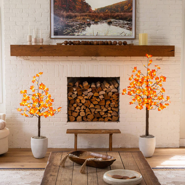 5' Pre-Lit Minimalist Autumn Maple Artificial Fall Tree with 96 LED Warm White & Orange Pumpkin Shaped Lights