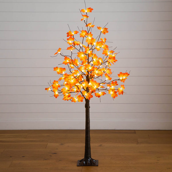 5' Pre-Lit Minimalist Autumn Maple Artificial Fall Tree with 96 Warm White LED Lights