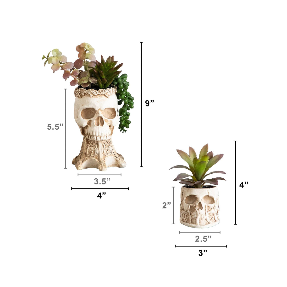 5.5" and 9" Artificial Halloween Succulent Garden in Skull Planter - Set of 2