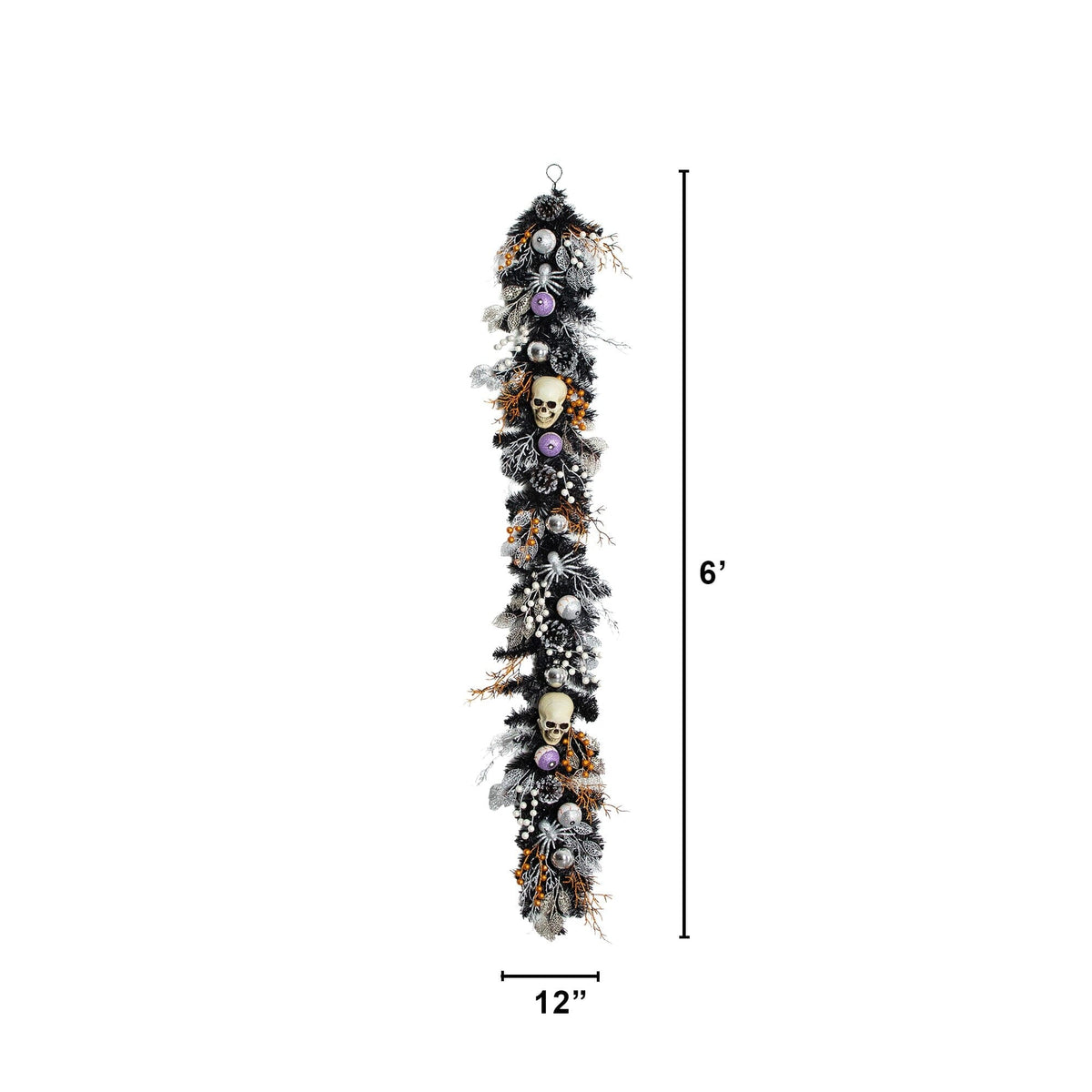 6' Artificial Halloween Black Garland with Skulls, Eyeballs and Spiders