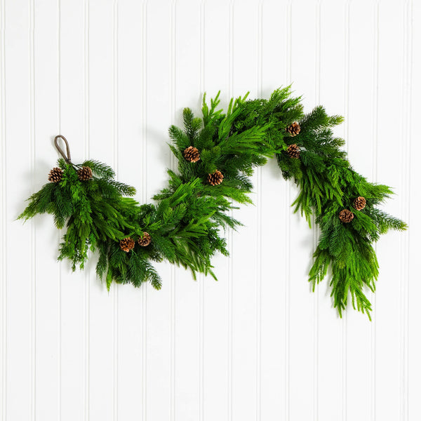 6' Artificial Mixed Pine and Norfolk Garland with Pinecones