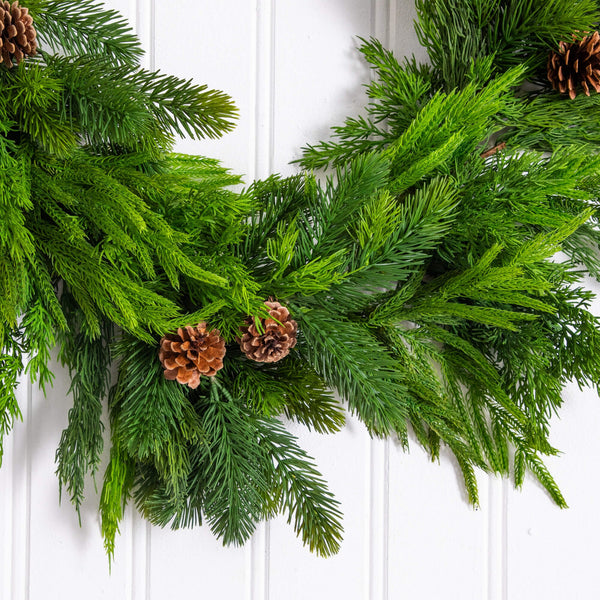 6' Artificial Mixed Pine and Norfolk Garland with Pinecones