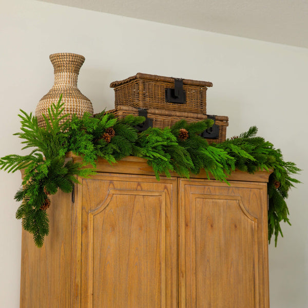 6' Artificial Mixed Pine and Norfolk Garland with Pinecones